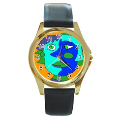 Visual Face Blue Orange Green Mask Round Gold Metal Watch by Mariart