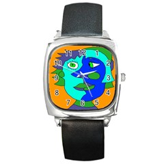 Visual Face Blue Orange Green Mask Square Metal Watch by Mariart