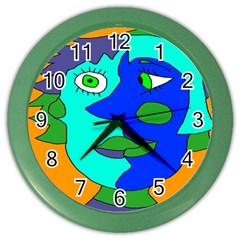 Visual Face Blue Orange Green Mask Color Wall Clocks by Mariart