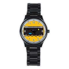 Bright Polka Wave Chevron Yellow Black Stainless Steel Round Watch