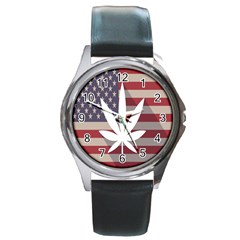 Flag American Star Blue Line White Red Marijuana Leaf Round Metal Watch by Mariart