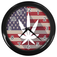 Flag American Star Blue Line White Red Marijuana Leaf Wall Clocks (black)