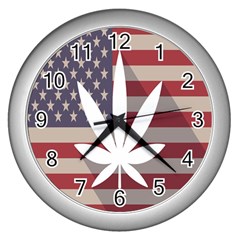 Flag American Star Blue Line White Red Marijuana Leaf Wall Clocks (silver)  by Mariart