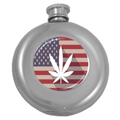 Flag American Star Blue Line White Red Marijuana Leaf Round Hip Flask (5 Oz) by Mariart