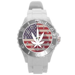 Flag American Star Blue Line White Red Marijuana Leaf Round Plastic Sport Watch (l)