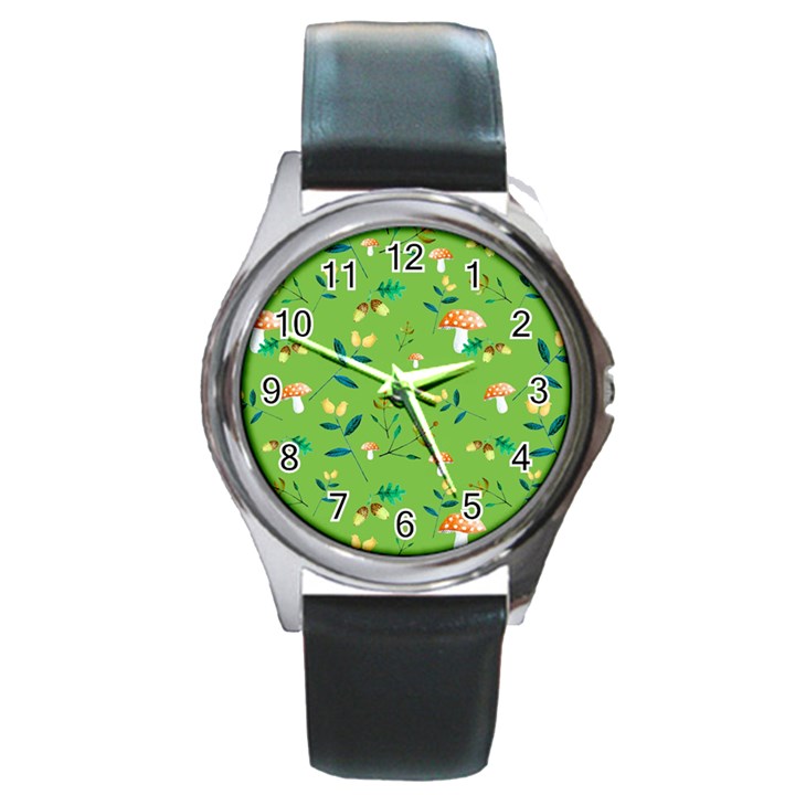 Mushrooms Flower Leaf Tulip Round Metal Watch