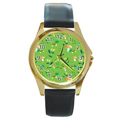 Mushrooms Flower Leaf Tulip Round Gold Metal Watch