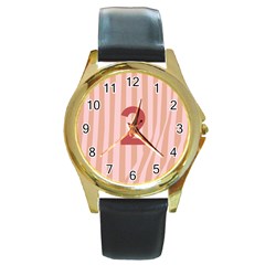 Number 2 Line Vertical Red Pink Wave Chevron Round Gold Metal Watch