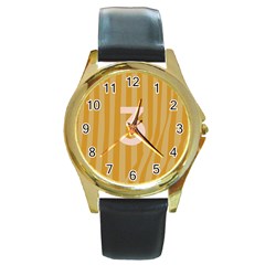 Number 3 Line Vertical Yellow Pink Orange Wave Chevron Round Gold Metal Watch by Mariart