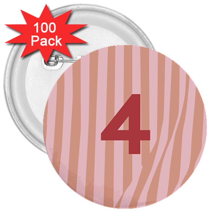 Number 4 Line Vertical Red Pink Wave Chevron 3  Buttons (100 pack) 