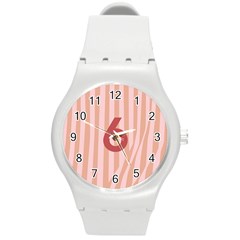 Number 6 Line Vertical Red Pink Wave Chevron Round Plastic Sport Watch (m) by Mariart