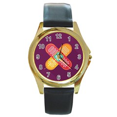 Plaster Scratch Sore Polka Line Purple Yellow Round Gold Metal Watch