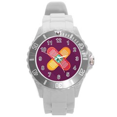 Plaster Scratch Sore Polka Line Purple Yellow Round Plastic Sport Watch (l) by Mariart