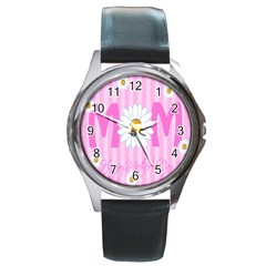 Valentine Happy Mothers Day Pink Heart Love Sunflower Flower Round Metal Watch