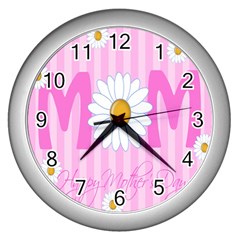 Valentine Happy Mothers Day Pink Heart Love Sunflower Flower Wall Clocks (silver) 