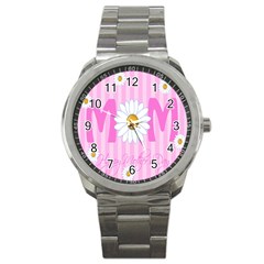 Valentine Happy Mothers Day Pink Heart Love Sunflower Flower Sport Metal Watch by Mariart