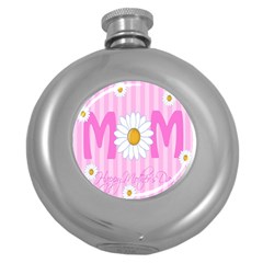 Valentine Happy Mothers Day Pink Heart Love Sunflower Flower Round Hip Flask (5 Oz) by Mariart