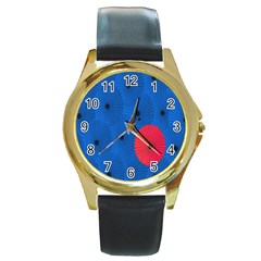 Pink Umbrella Red Blue Round Gold Metal Watch by Mariart