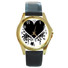 Silhouette Heart Black Design Round Gold Metal Watch by Nexatart