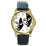 Theatermasken Masks Theater Happy Round Gold Metal Watch Front