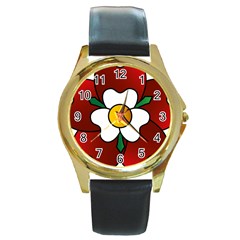 Flower Rose Glass Church Window Round Gold Metal Watch by Nexatart