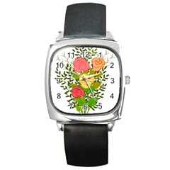 Roses Flowers Floral Flowery Square Metal Watch by Nexatart