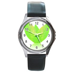 Leaves Green Nature Reflection Round Metal Watch