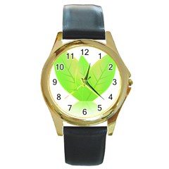 Leaves Green Nature Reflection Round Gold Metal Watch