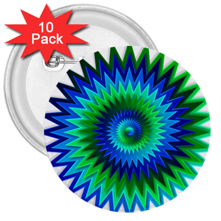 Star 3d Gradient Blue Green 3  Buttons (10 pack) 