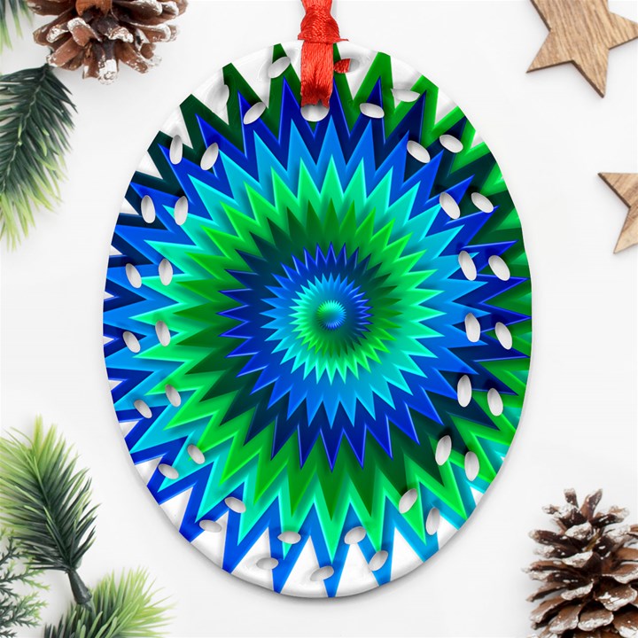 Star 3d Gradient Blue Green Oval Filigree Ornament (Two Sides)