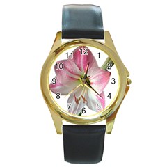 Flower Blossom Bloom Amaryllis Round Gold Metal Watch by Nexatart