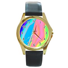 Aurora Color Rainbow Space Blue Sky Purple Yellow Green Pink Round Gold Metal Watch