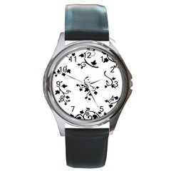 Black Leaf Tatto Round Metal Watch by Mariart