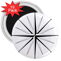 Compase Star Rose Black White 3  Magnets (10 Pack)  by Mariart