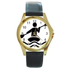 Cropped Kayak Graphic Race Paddle Black Water Sea Wave Beach Round Gold Metal Watch by Mariart