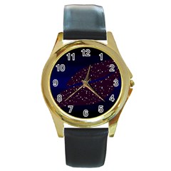 Contigender Flags Star Polka Space Blue Sky Black Brown Round Gold Metal Watch by Mariart