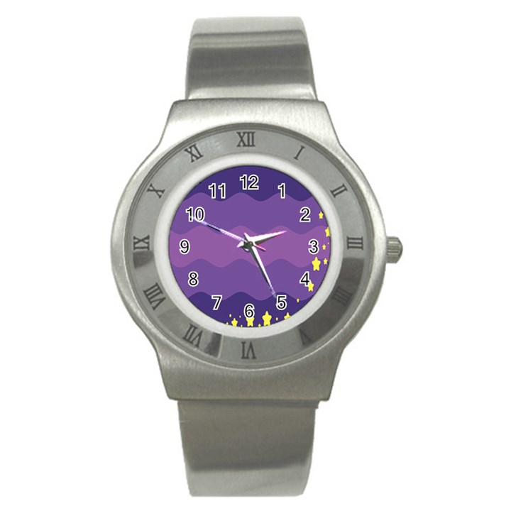 Glimragender Flags Wave Waves Chevron Purple Blue Star Yellow Space Stainless Steel Watch