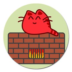 Happy Cat Fire Animals Cute Red Magnet 5  (round) by Mariart