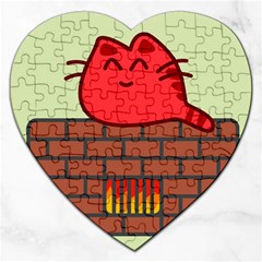 Happy Cat Fire Animals Cute Red Jigsaw Puzzle (heart) by Mariart