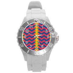 Lllustration Geometric Red Blue Yellow Chevron Wave Line Round Plastic Sport Watch (l)