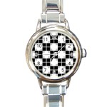 Plaid Black White Round Italian Charm Watch Front