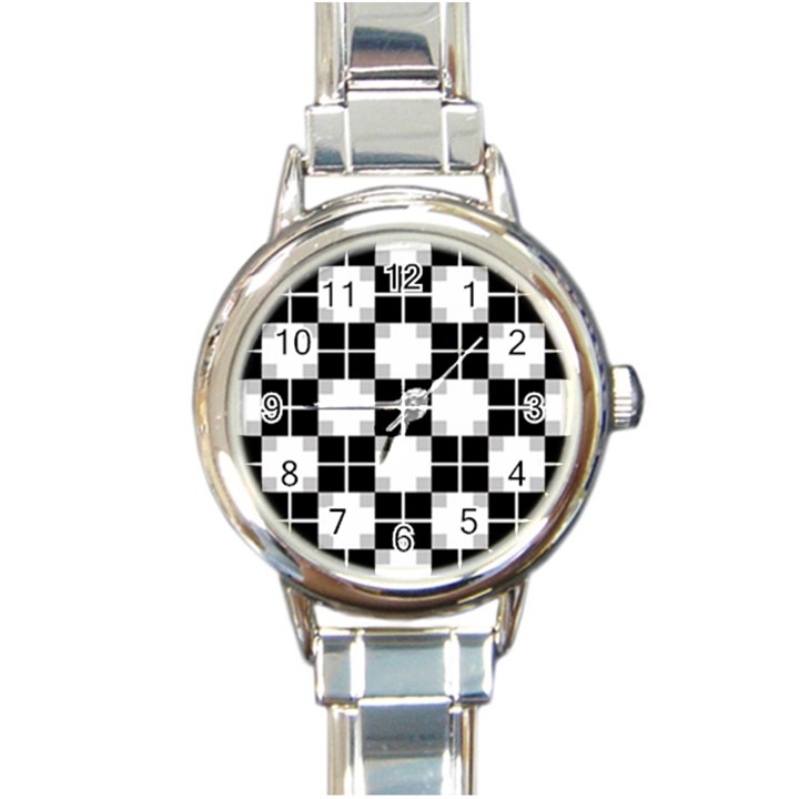 Plaid Black White Round Italian Charm Watch