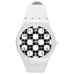 Plaid Black White Round Plastic Sport Watch (m) by Mariart