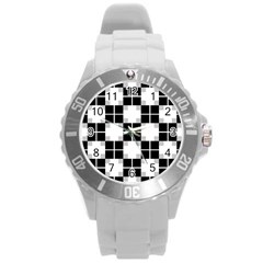 Plaid Black White Round Plastic Sport Watch (l) by Mariart