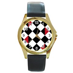 Survace Floor Plaid Bleck Red White Round Gold Metal Watch