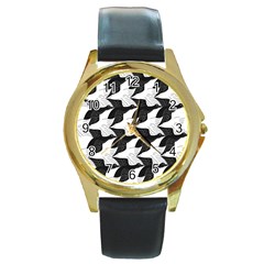 Swan Black Animals Fly Round Gold Metal Watch