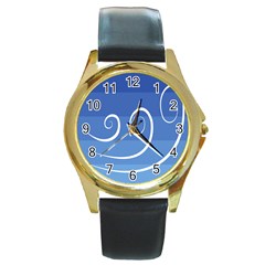 Ventigender Flags Wave Waves Chevron Leaf Blue White Round Gold Metal Watch by Mariart