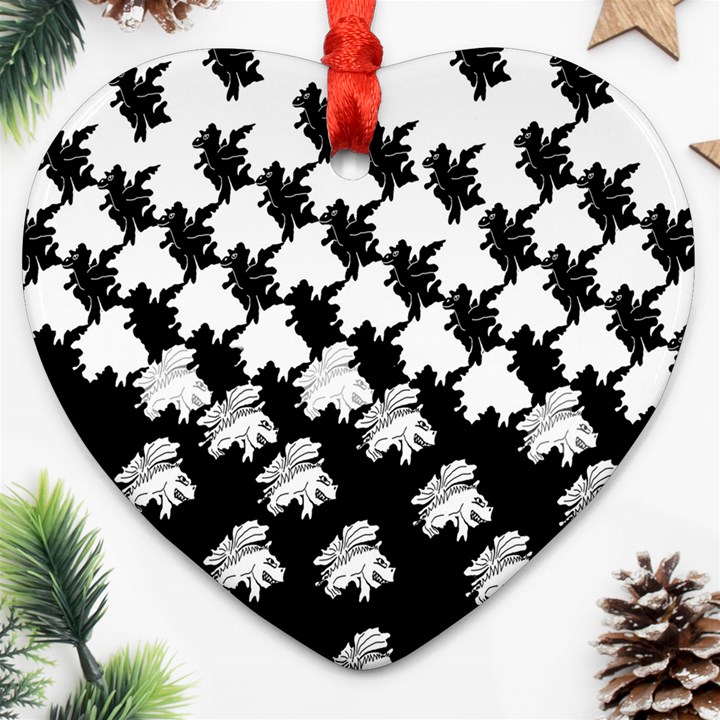 Transforming Escher Tessellations Full Page Dragon Black Animals Heart Ornament (Two Sides)