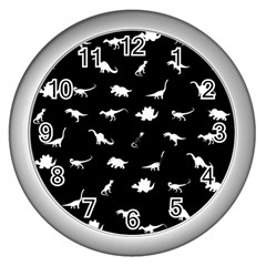 Dinosaurs Pattern Wall Clocks (silver)  by Valentinaart