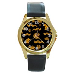 Aztecs Pattern Round Gold Metal Watch by Valentinaart